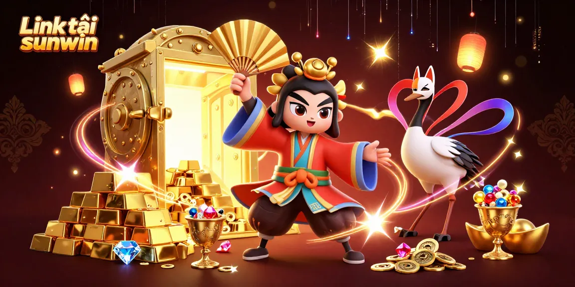 Engage with Link tải sunwin, revealing vibrant casino treasures in a dynamic 3D fantasy scene.