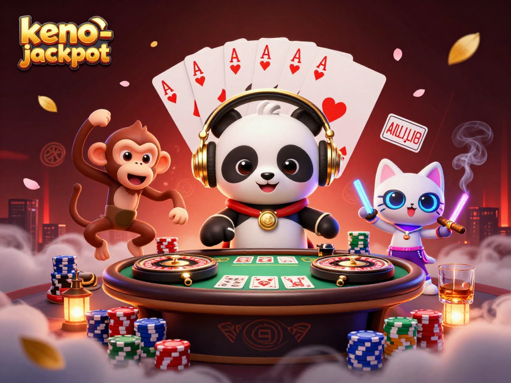 Experience the thrill of keno-jackpot with a lively 3D digital scene featuring animated characters.