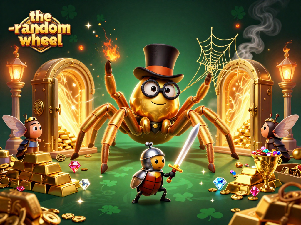Spin the-random-wheel for your chance to win with vibrant casino characters and golden treasures.