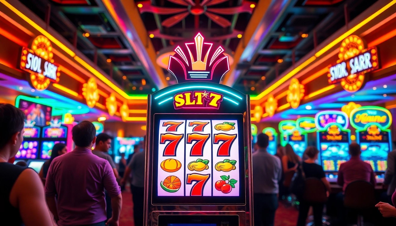 Mainkan slot777 yang mengasyikkan di mesin slot dengan latar belakang kasino yang meriah.
