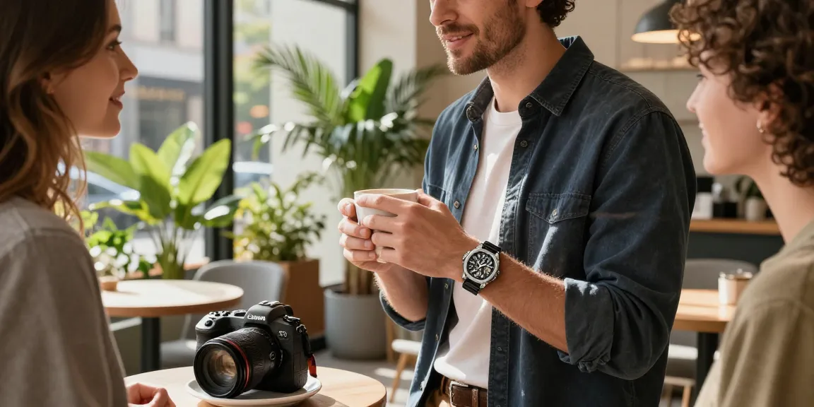 Super clone watches displayed elegantly on a wrist in a trendy urban café setting.