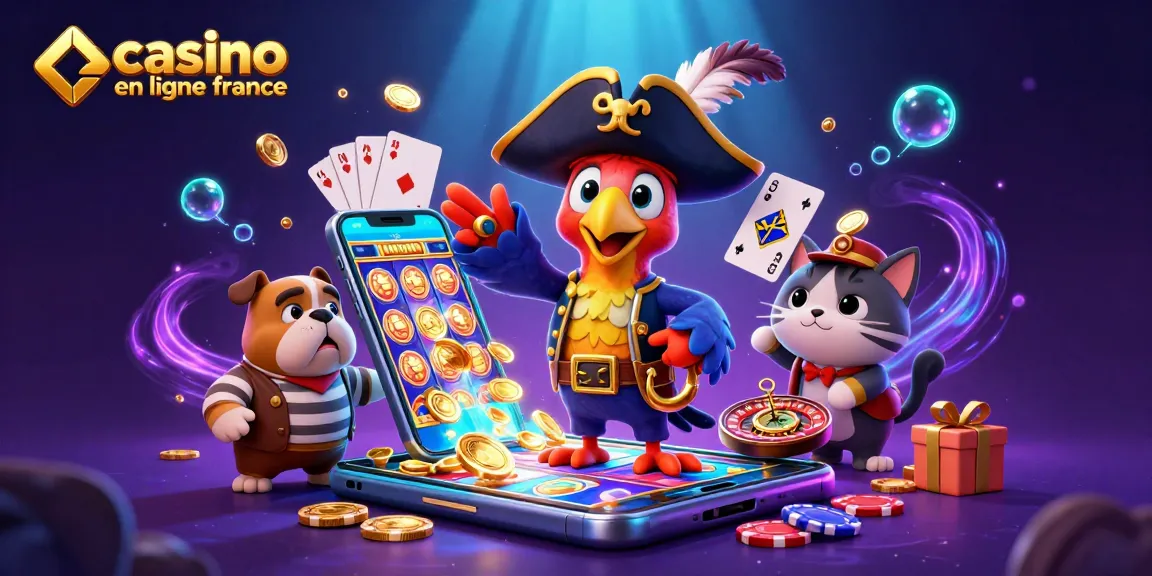 Casino en ligne France, interaction entre la mascotte pirate et des éléments de jeux captivants.