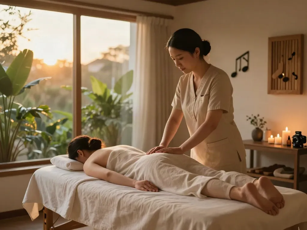 Relaxing 운서출장마사지 session in a tranquil studio with soothing ambiance