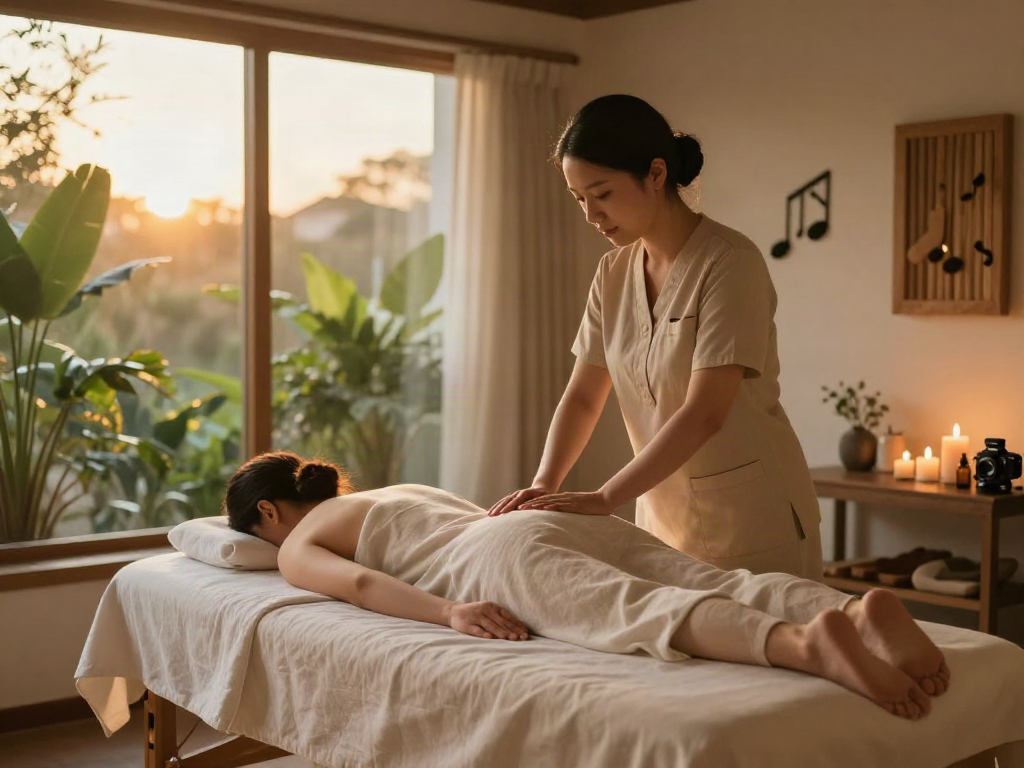 Relaxing 운서출장마사지 session in a tranquil studio with soothing ambiance