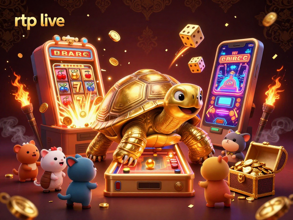 Play exciting rtp live games with a vibrant scene featuring a golden tortoise and lively casino elements.