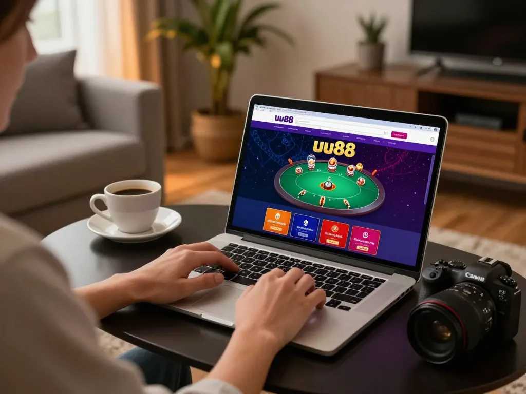 Player enjoying an online poker game on uu88 net with a laptop in a cozy home setting.