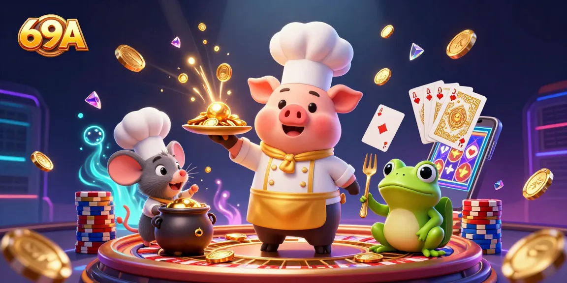 Jogadores do 69A giram a roleta enquanto o chef porquinho serve moedas de ouro, capturando a experiência de um cassino.