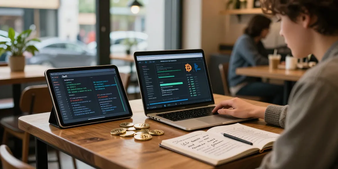 Exploring the best bitcoin cloud mining site in a warm coffee shop with crypto stats on MacBook and DeFi analysis.
