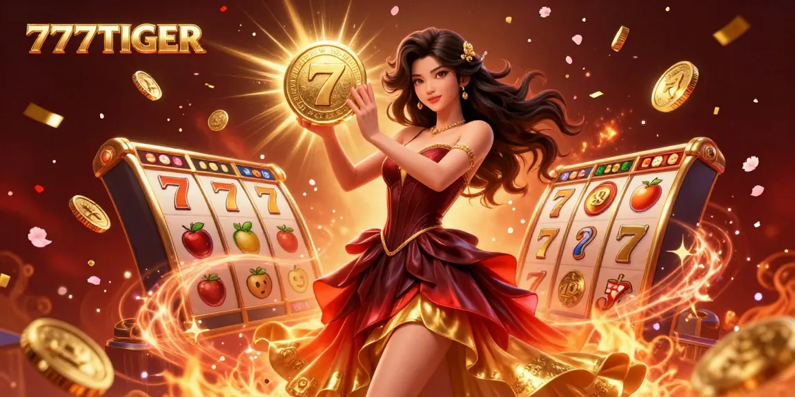 Spin and win at 777TIGER, featuring a stunning Asian woman amidst golden coins and slot games.
