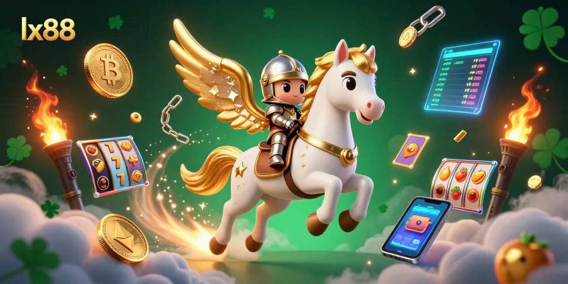 Experience the thrill of lx88 with exciting slot reels and a celestial knight in a vibrant casino scene.