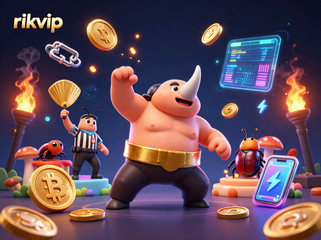 Experience thrilling rikvip gaming with a 3D cartoon beetle champion amid floating crypto coins.