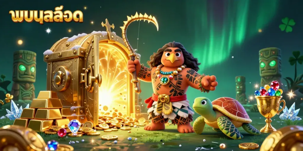 Engaging 3D scene featuring แบบสล็อต with Hawaiian demigod and treasures, symbolizing casino excitement.