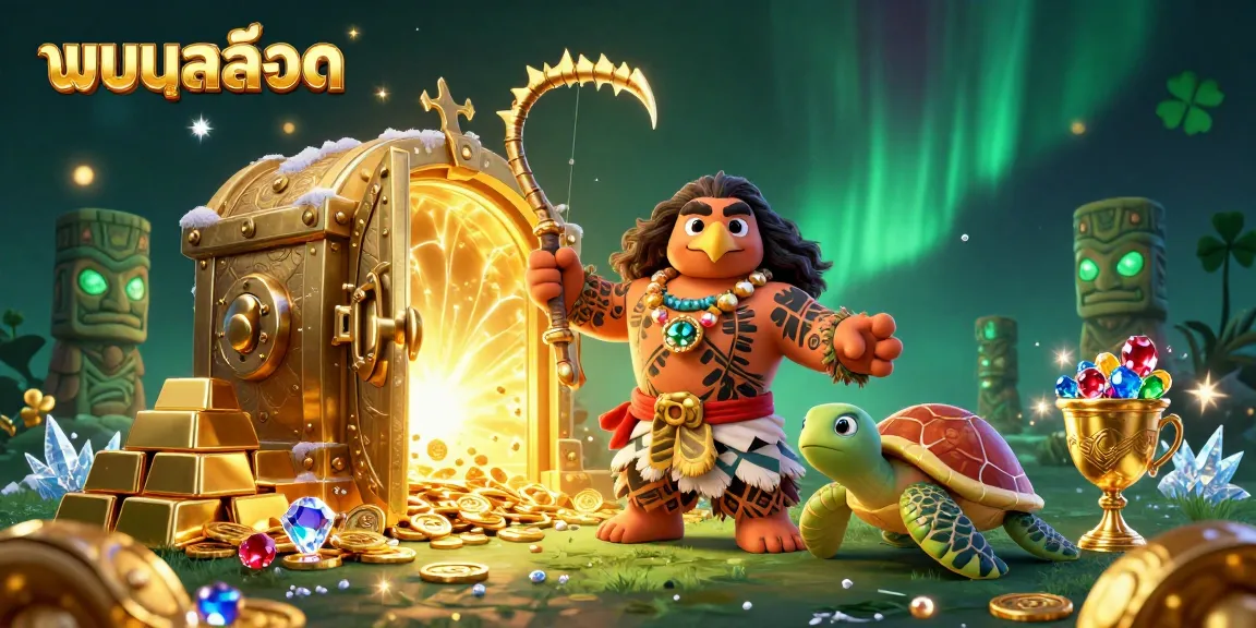 Engaging 3D scene featuring แบบสล็อต with Hawaiian demigod and treasures, symbolizing casino excitement.