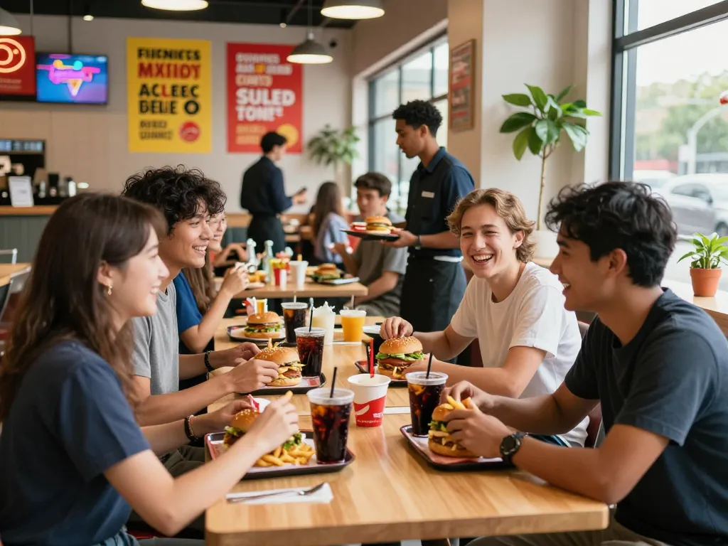 A lively dining scene showcasing fast food prices with friends sharing meals at a bright restaurant.