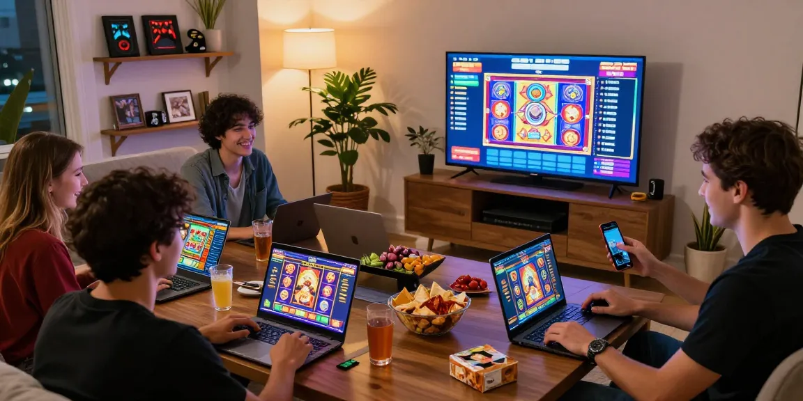 Friends enjoying slot deposit dana games in a cozy living room setting.