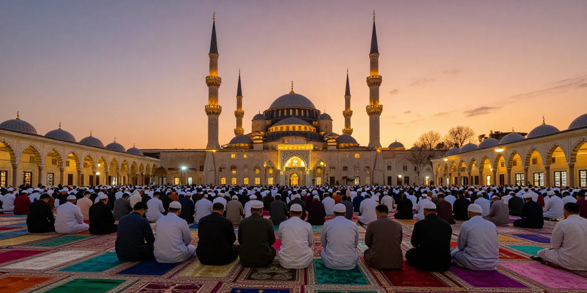 Stunning sunset at the Grand Mosque during umroh full ramadhan, vibrant colors capturing the essence of Ramadan's spirituality, travel guide to sacred destinations.