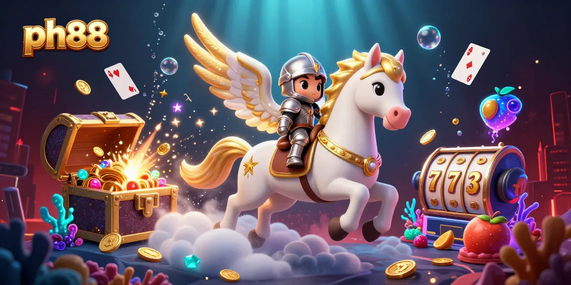 Engage in exciting gameplay at ph88 with vibrant slot reels and treasures in a magical 3D casino environment.