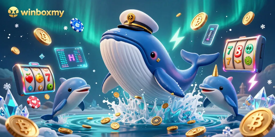Experience thrilling gameplay with winboxmy's vibrant 3D cartoon scene featuring a whale, narwhal, and dolphins amidst coins.
