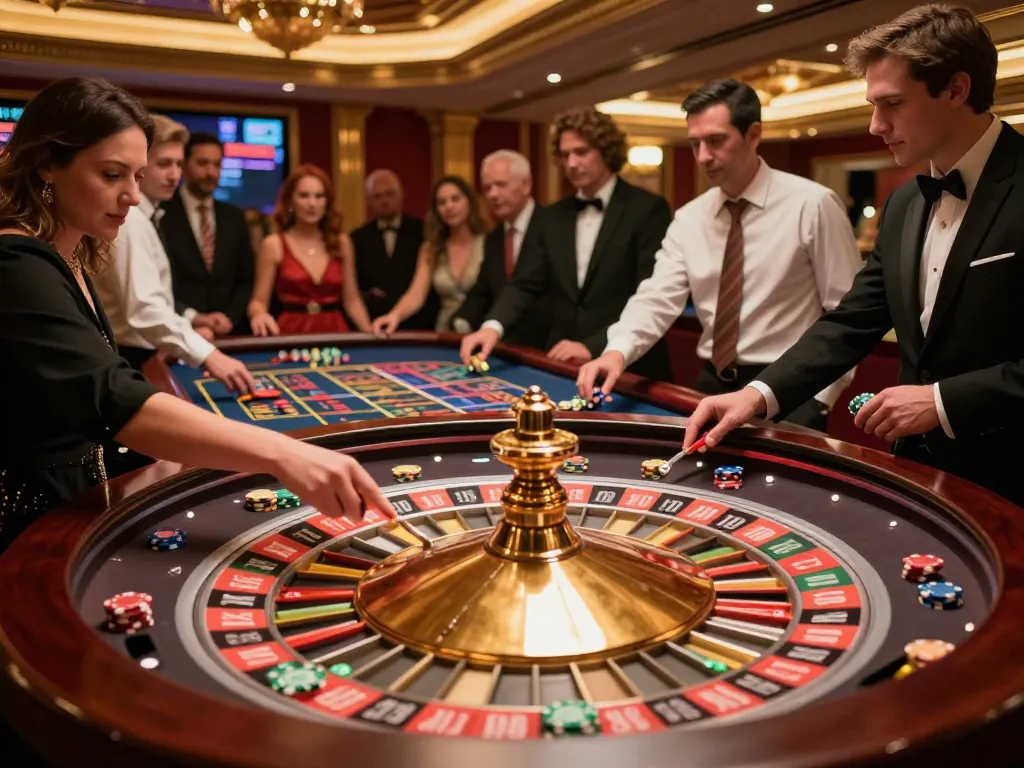 Players engaged at a vibrant roulette table, showcasing the thrill of debet betting in a luxurious casino setting
