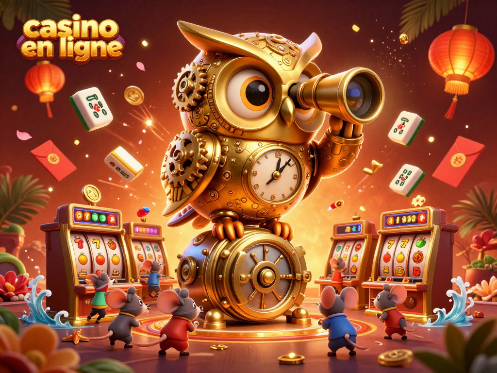 Jouez au casino en ligne avec cet hibou mécanique et des souris entre les machines à sous, ambiance festive.
