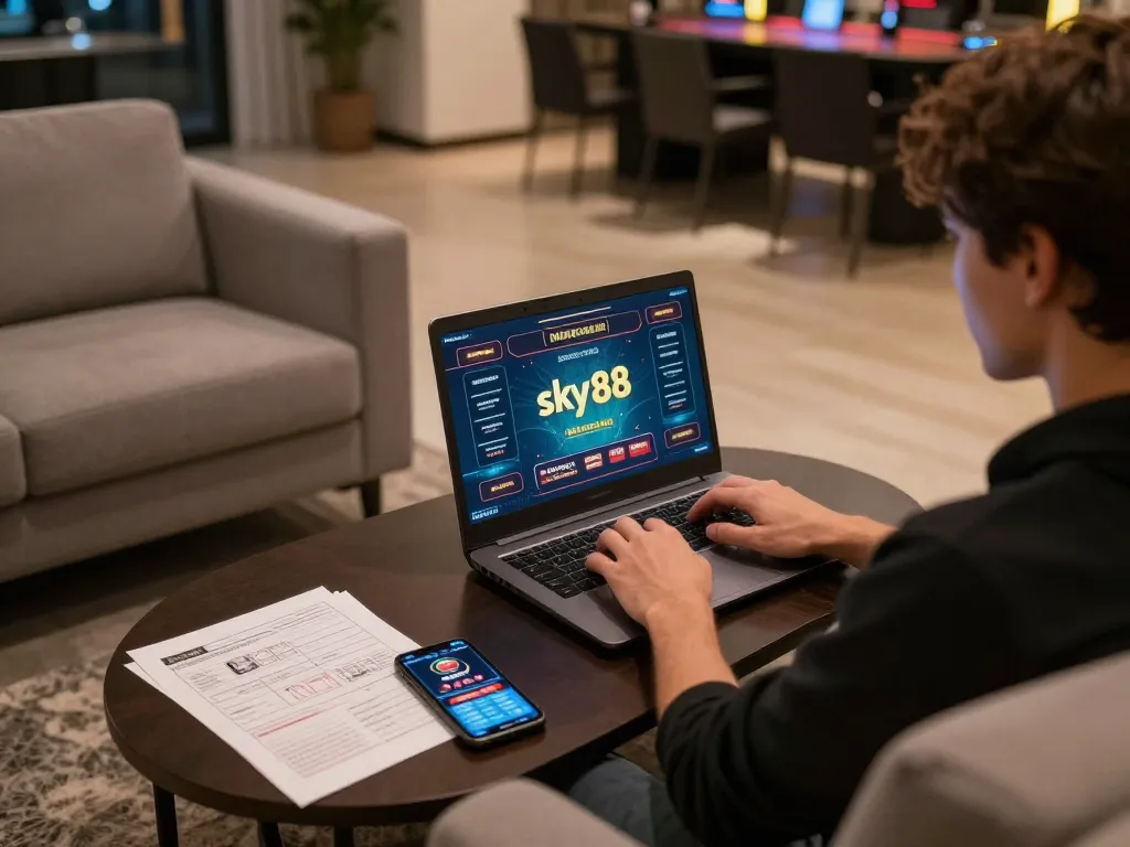 Engage in strategic gameplay with sky88 in a cozy online casino setup.