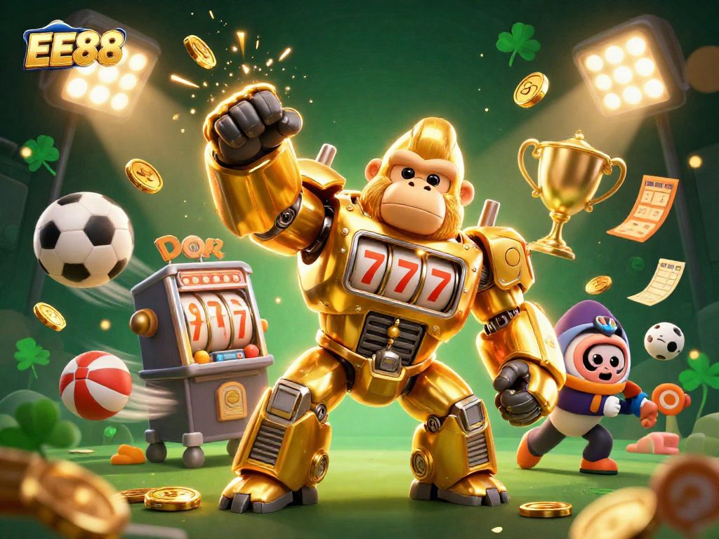 Experience thrilling moments with EE88's golden gorilla mech and dynamic sports elements.
