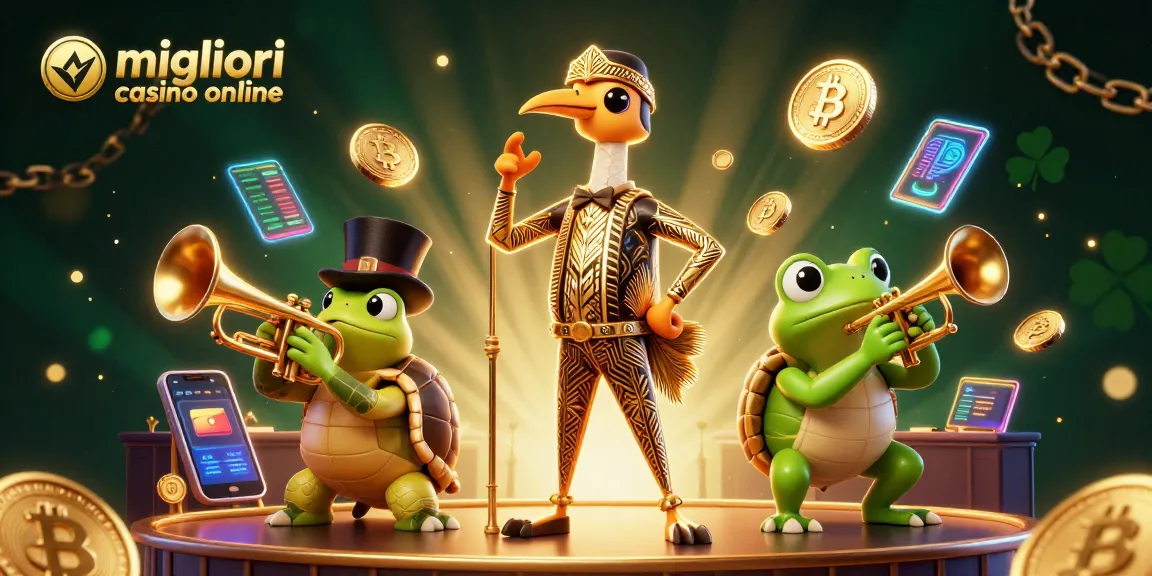 Scopri i migliori casino online in un'illustrazione 3D dettagliata con personaggi unici e elementi di gioco.