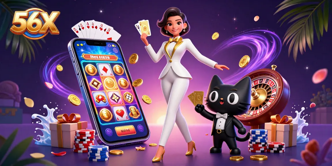 Experience winning with 56X in a vibrant casino scene featuring cards, tokens, and bright gaming action.