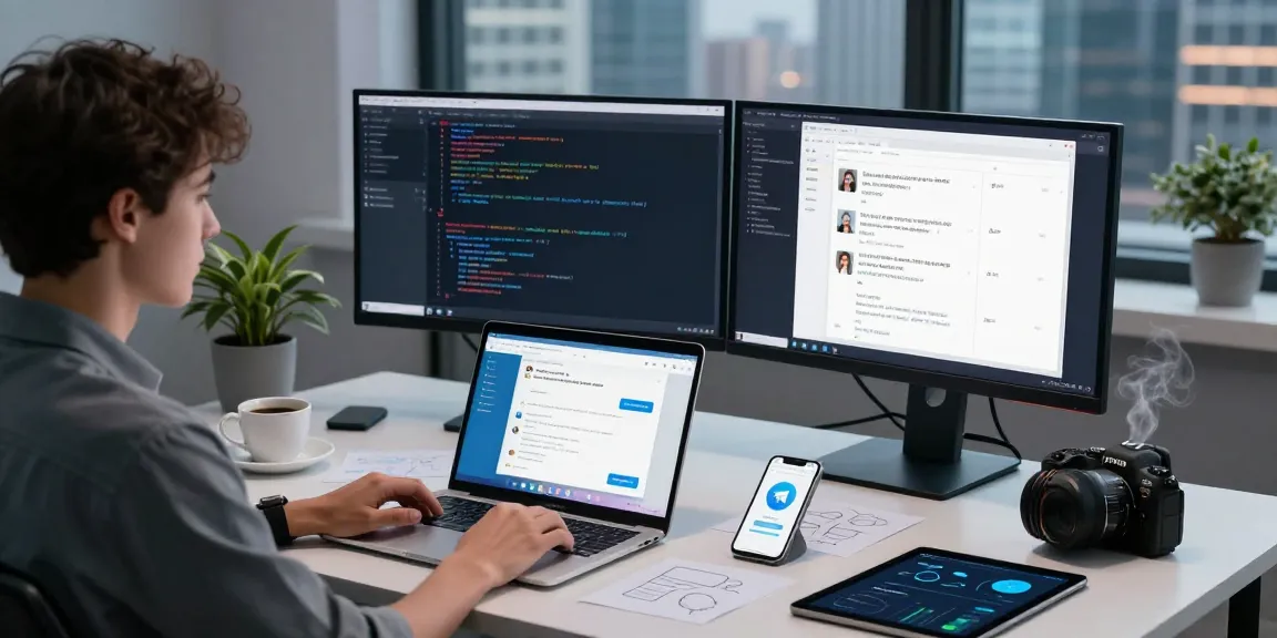 Innovative workspace showcasing telegram官网 messaging technology with vibrant screens and productivity elements.