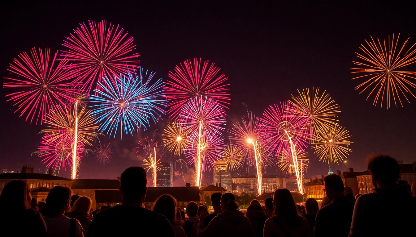 Buy fireworks Manchester with families enjoying a stunning fireworks display at night.