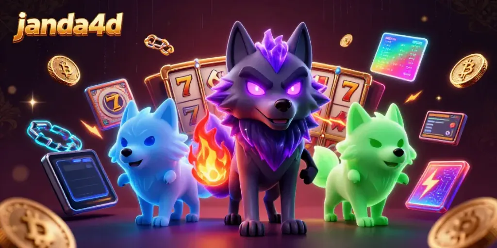 Permainan slot di janda4d dengan karakter serigala dan koin crypto yang menarik.