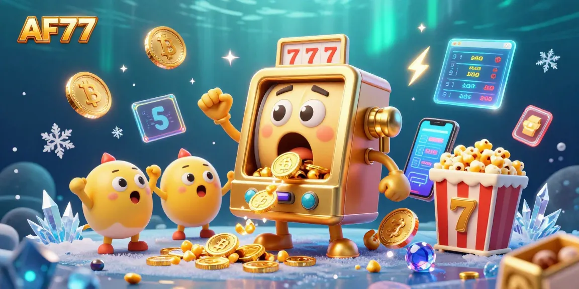 Engage with AF77's thrilling jackpot joy as golden coins burst from the slot machine in a fun casino scene.
