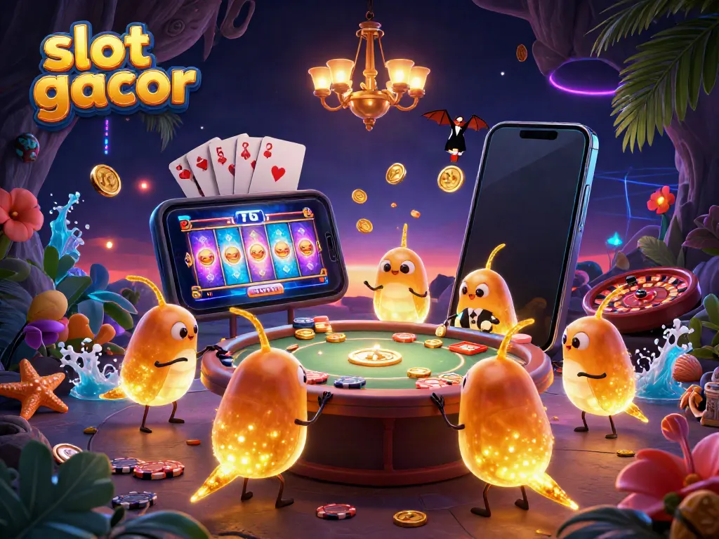 Slot gacor menarik dengan karakter pelangi dalam kasino gua bercahaya.
