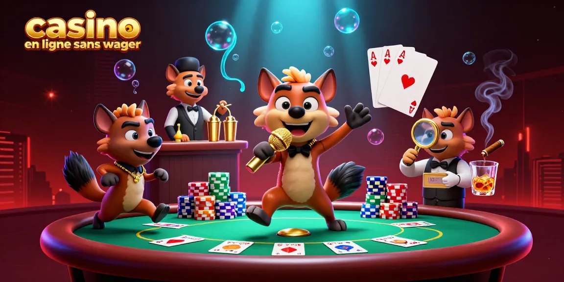 Bonus sans wager au casino en ligne : hyènes comiques animant un club avec des éléments de jeu.