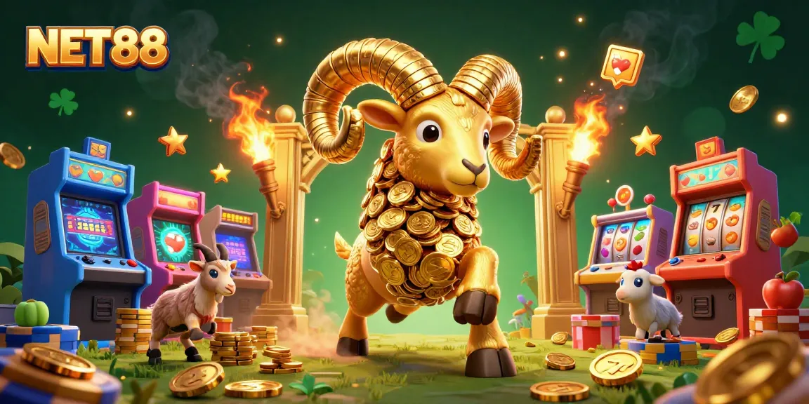 Engaging NET88 casino scene featuring a golden ram amidst vibrant gaming elements and slot symbols.
