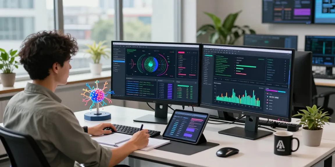Data scientist using an ai detector for content moderation in a modern workspace.