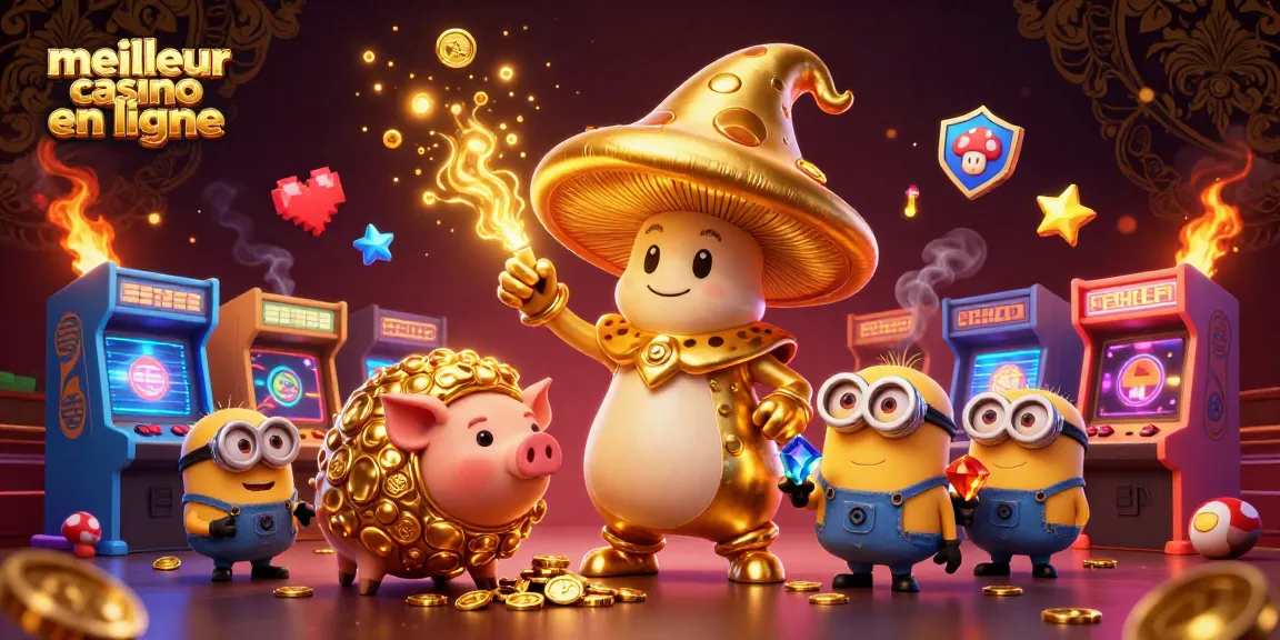 Illustration 3D du meilleur casino en ligne, avec un sorcier champignon doré et un cochon fouisseur parmi des jeux colorés.