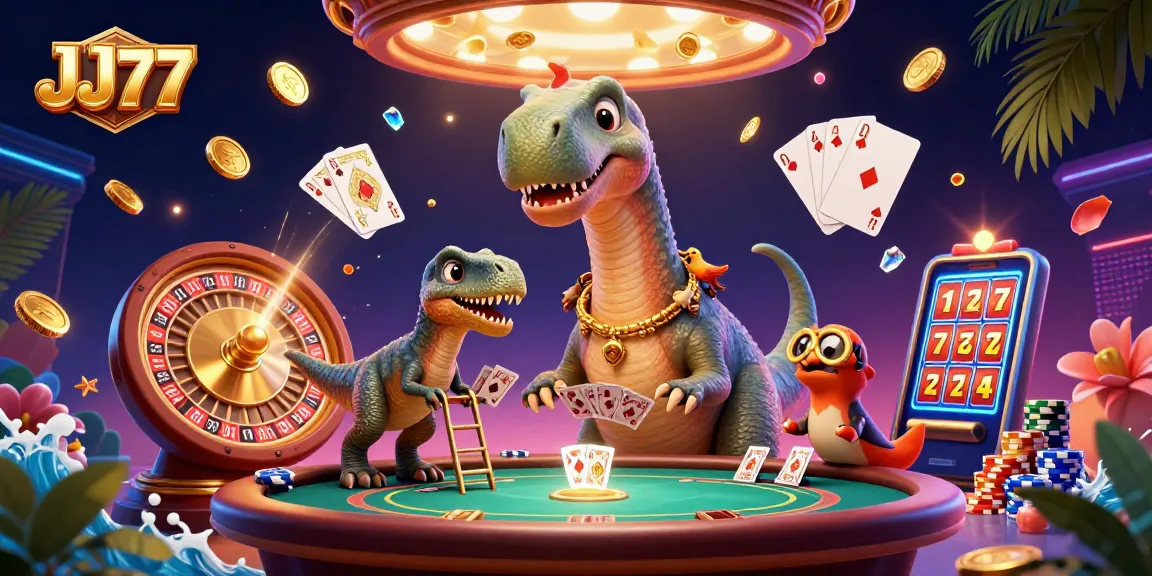 Experience real money gaming excitement with JJ77, a vibrant 3D casino illustration showcasing thrilling gameplay.