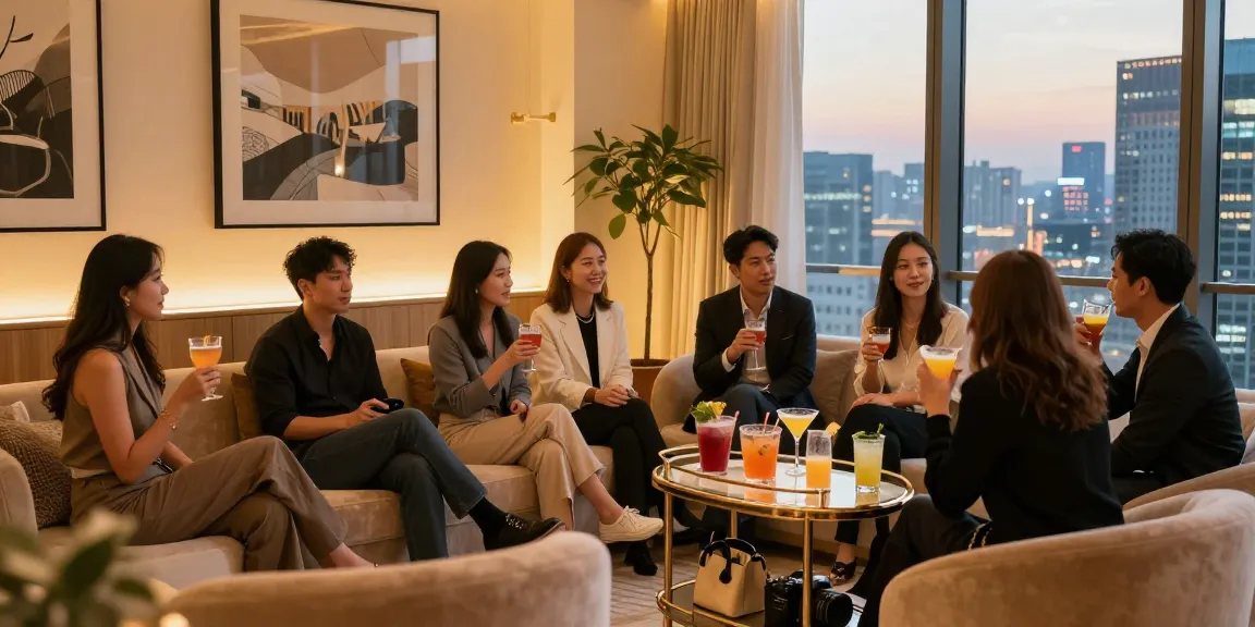 강남 멀리건에서 즐거운 대화와 음료를 나누는 현대적인 분위기의 사람들