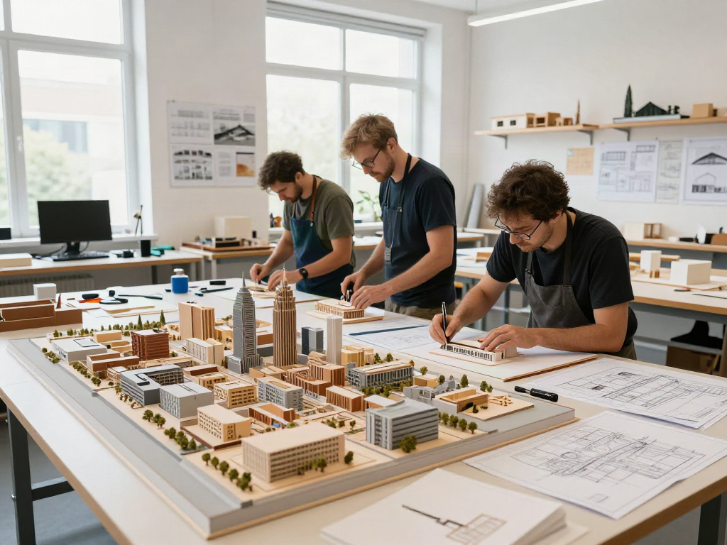 Präzise Architektur Modellbau Stuttgart in kreativer Werkstatt mit handwerklichen Modellen und einzigartiger Topografie.