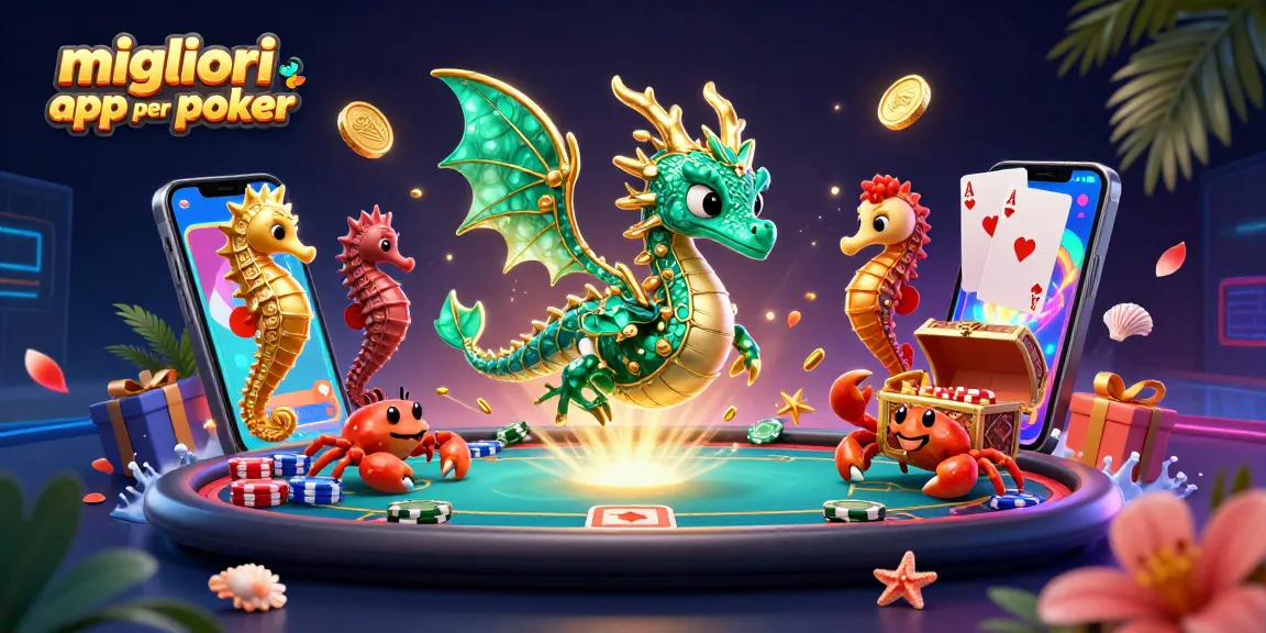 Scopri le migliori app per poker mentre il drago marino gioca a poker con l'assistenza della seahorse e dei granchi.