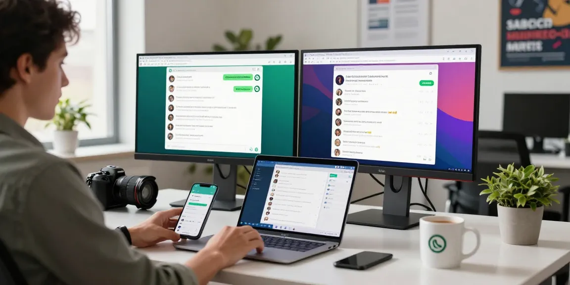 Using WhatsApp網頁版 on a dual-monitor setup in a modern workspace