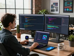 Developer using Moltbot AI software in a modern workspace with dual monitors and tech decor.