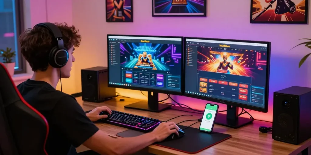 Gamer, der in ein Online-Paysafe-Card-Casino-Erlebnis zu Hause vertieft ist, mit einem lebhaften Gaming-Setup und der Paysafecard-App.