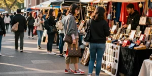 Fashionable individual exploring 레플리카 products in a vibrant urban market.