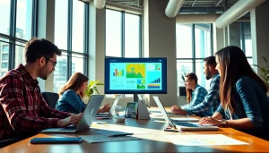 Professionals collaborating on https://bestdesignersintheworld.com/ in a vibrant office space.