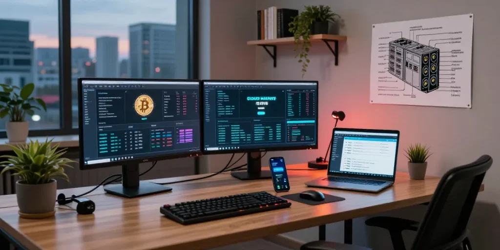 Cloud mining site setup in a professional office showcasing cryptocurrency trading analytics, Bitcoin mining statistics, and security-focused digital wallet management.
