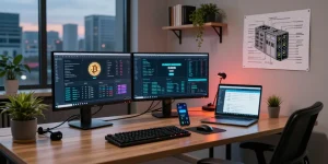 Cloud mining site setup in a professional office showcasing cryptocurrency trading analytics, Bitcoin mining statistics, and security-focused digital wallet management.