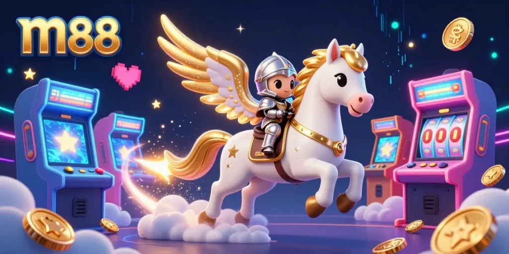 Engage with m88's vibrant arcade scene featuring a celestial horse and jackpots.
