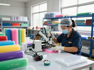Bóc ép plastic thanh xuân process in a vibrant packaging workshop with a skilled worker sealing plastic products.